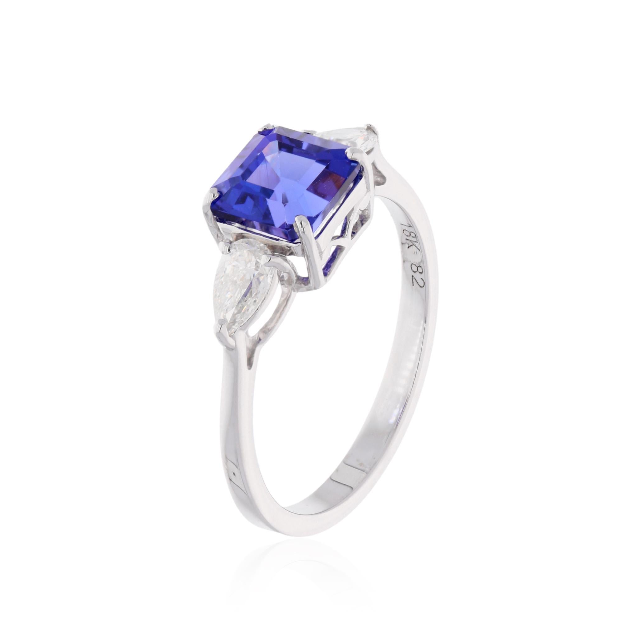 Modern Square Octagon Shape Tanzanite Gemstone Ring Pear Diamond 18 Karat White Gold For Sale