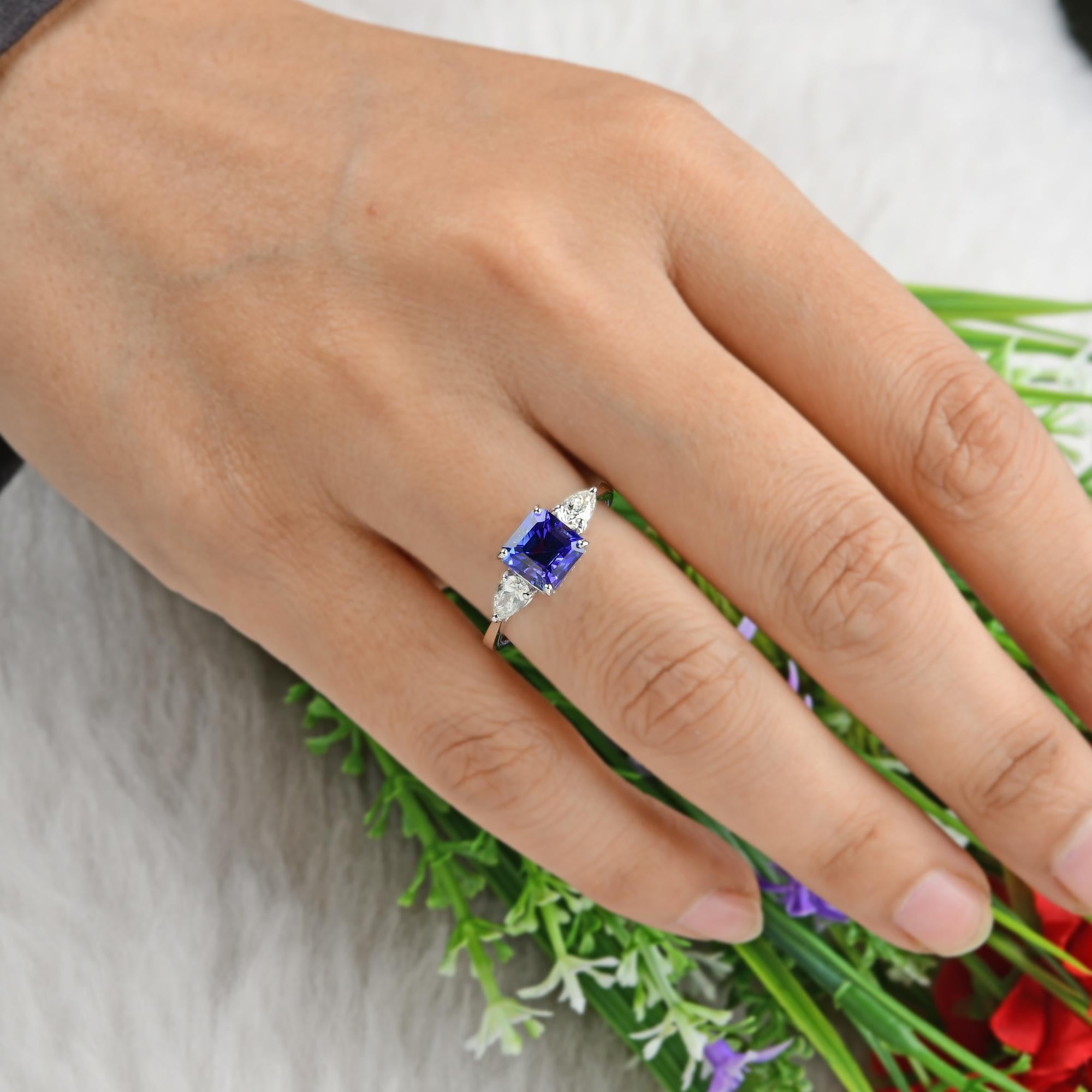 Women's Square Octagon Shape Tanzanite Gemstone Ring Pear Diamond 18 Karat White Gold For Sale