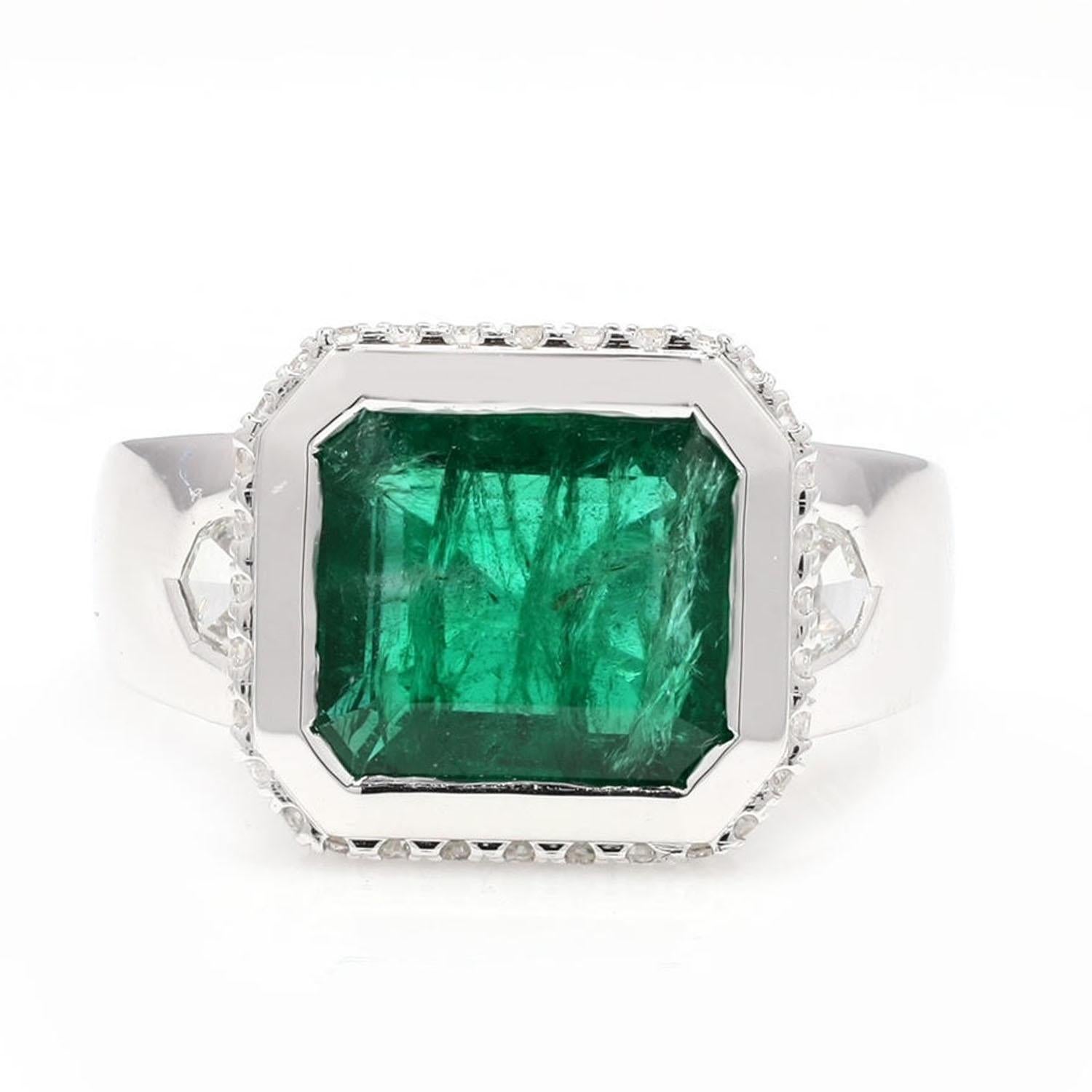 Mixed Cut Square Octogen Cut Zambian Emerald Unisex Ring with Diamonds in 18k White Gold For Sale