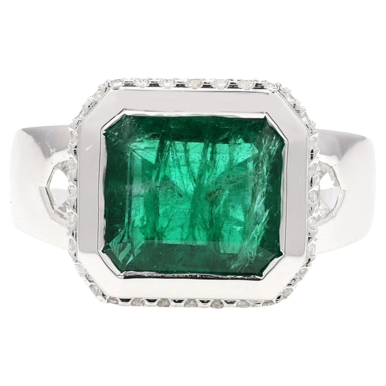 Square Octogen Cut Zambian Emerald Unisex Ring with Diamonds in 18k White Gold For Sale