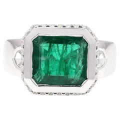 Square Octogen Cut Zambian Emerald Unisex Ring with Diamonds in 18k White Gold