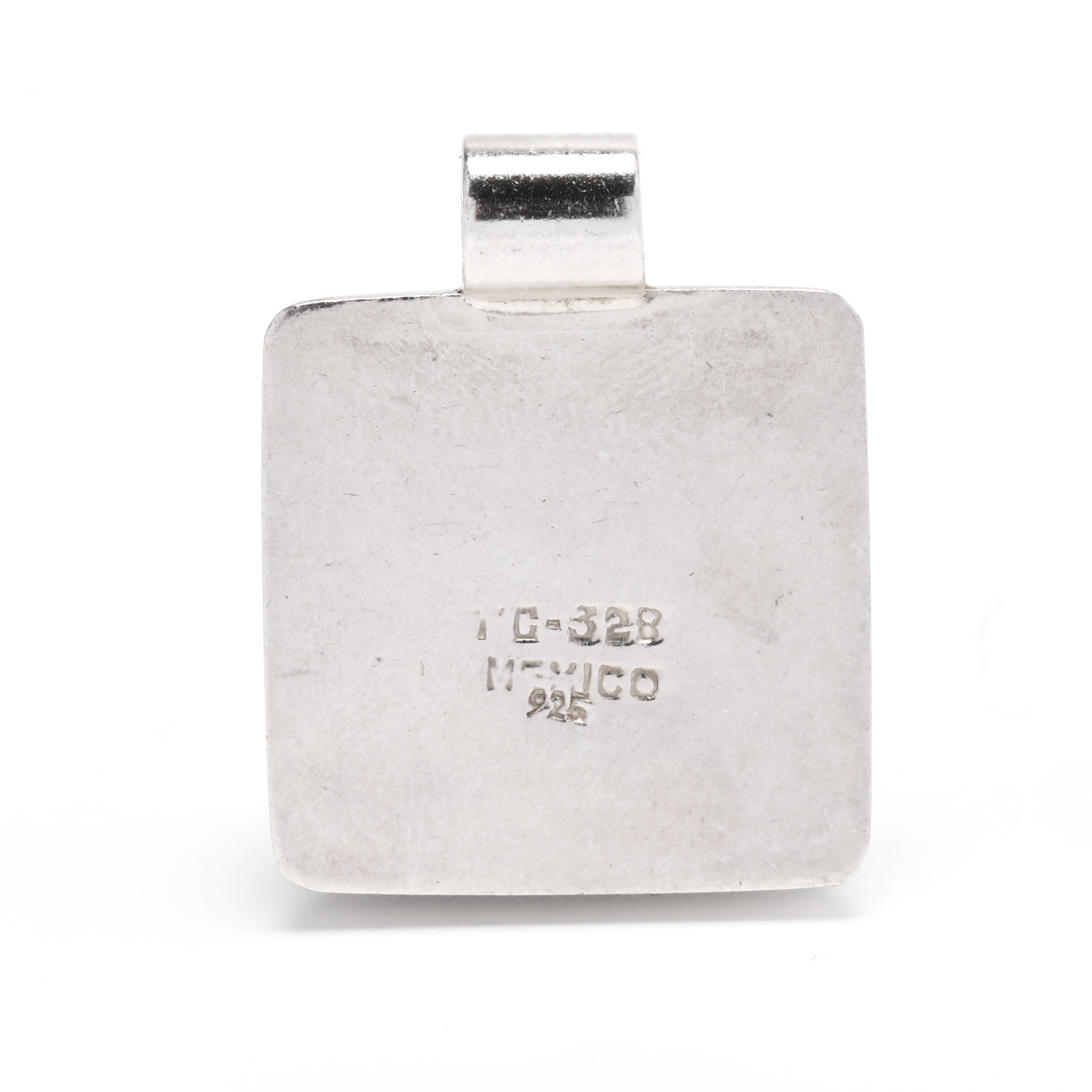 This stunning square onyx pendant is made of sterling silver and measures 1.25 inches in size. Its geometric design makes it an eye-catching piece of jewelry. This pendant is a perfect example of Mexican silver jewelry, with its intricate details