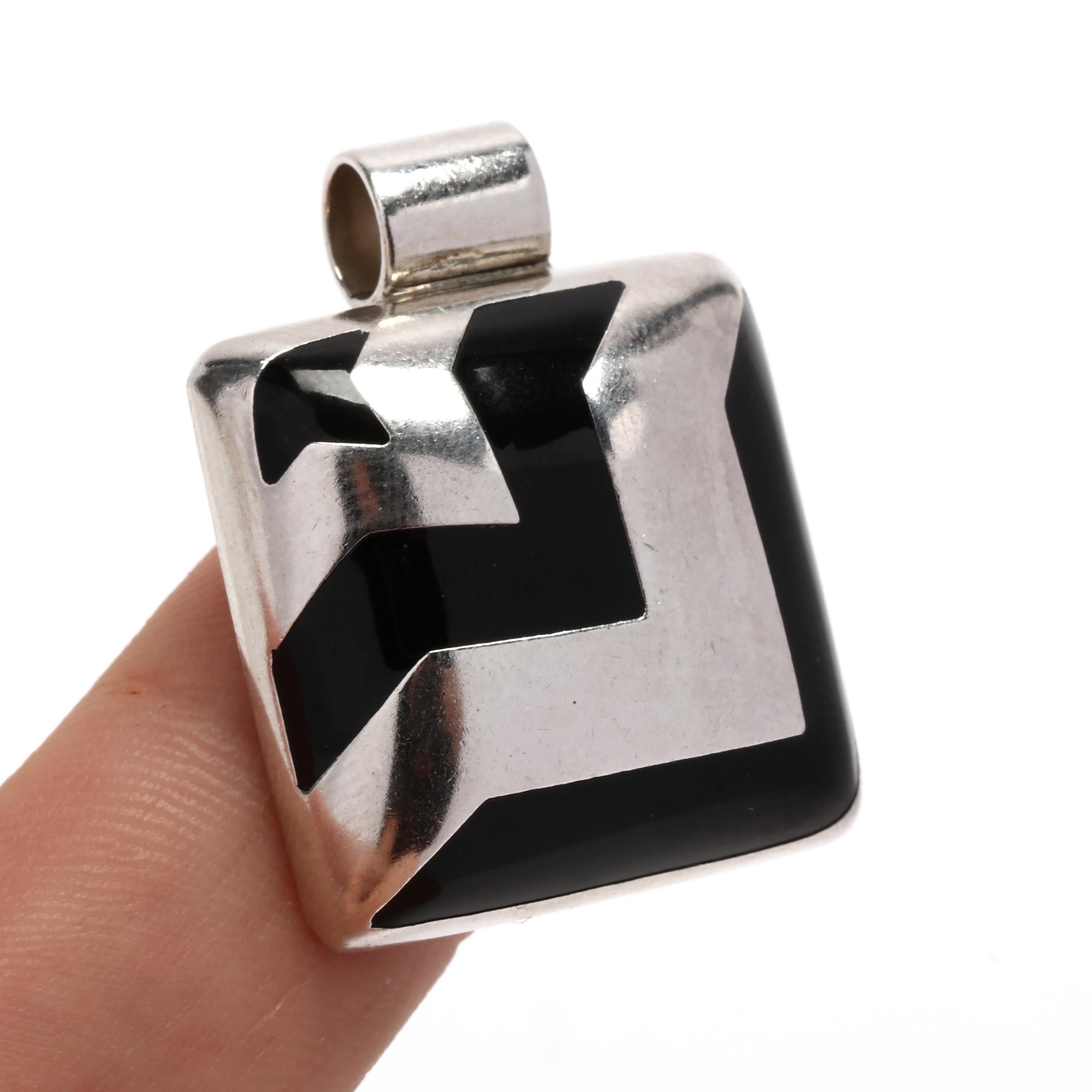 Rough Cut Square Onyx Pendant, Sterling Silver, Geometric Pendant, Mexican For Sale