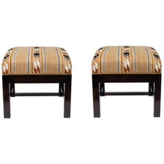 Square Ottoman with Walnut Finish Upholstered in a Vintage Native American Rug
