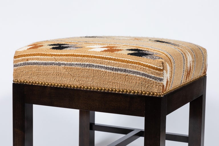 Square Ottoman with Walnut Finish Upholstered in a Vintage Native