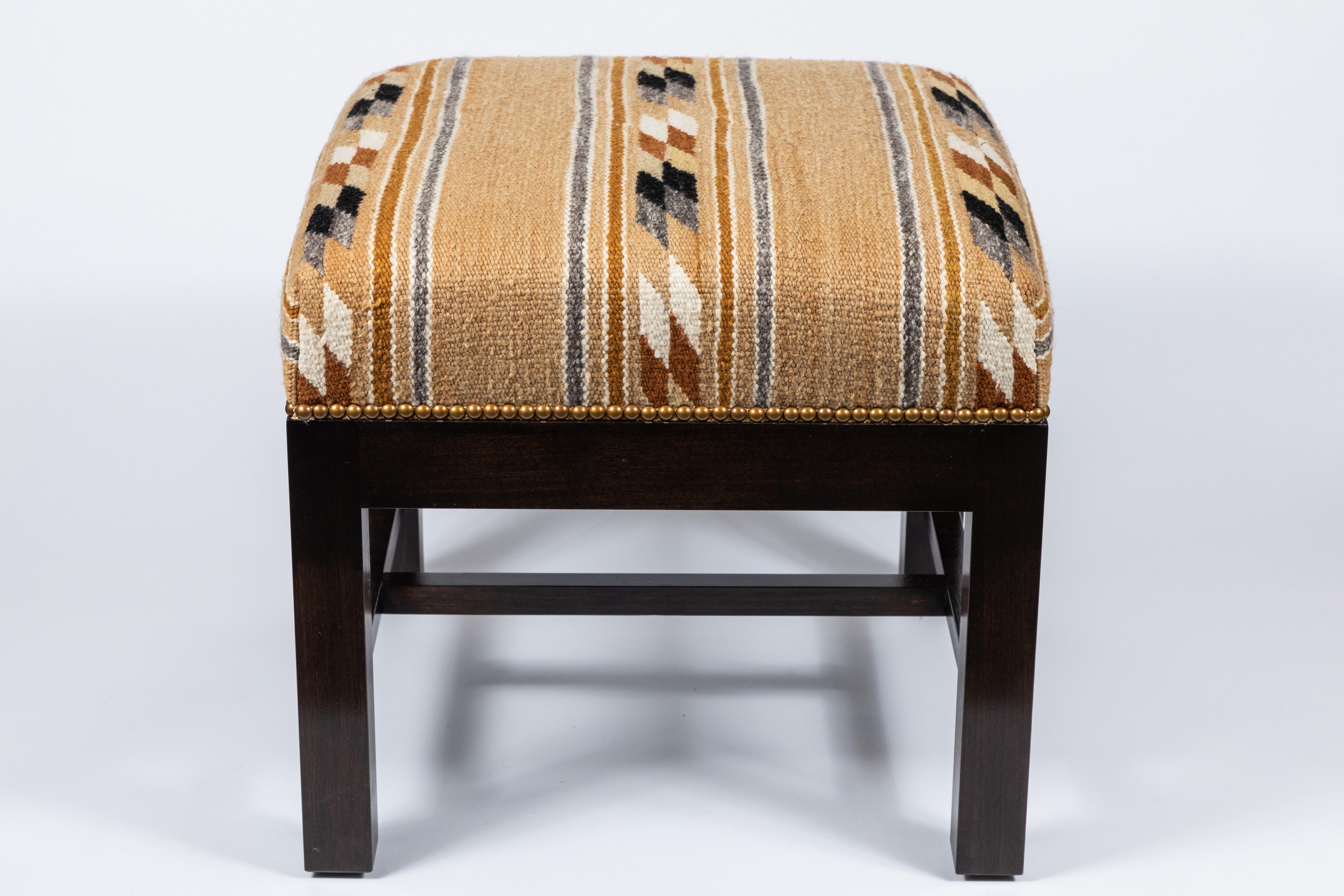 North American Square Ottoman with Walnut Finish Upholstered in a Vintage Native American Rug
