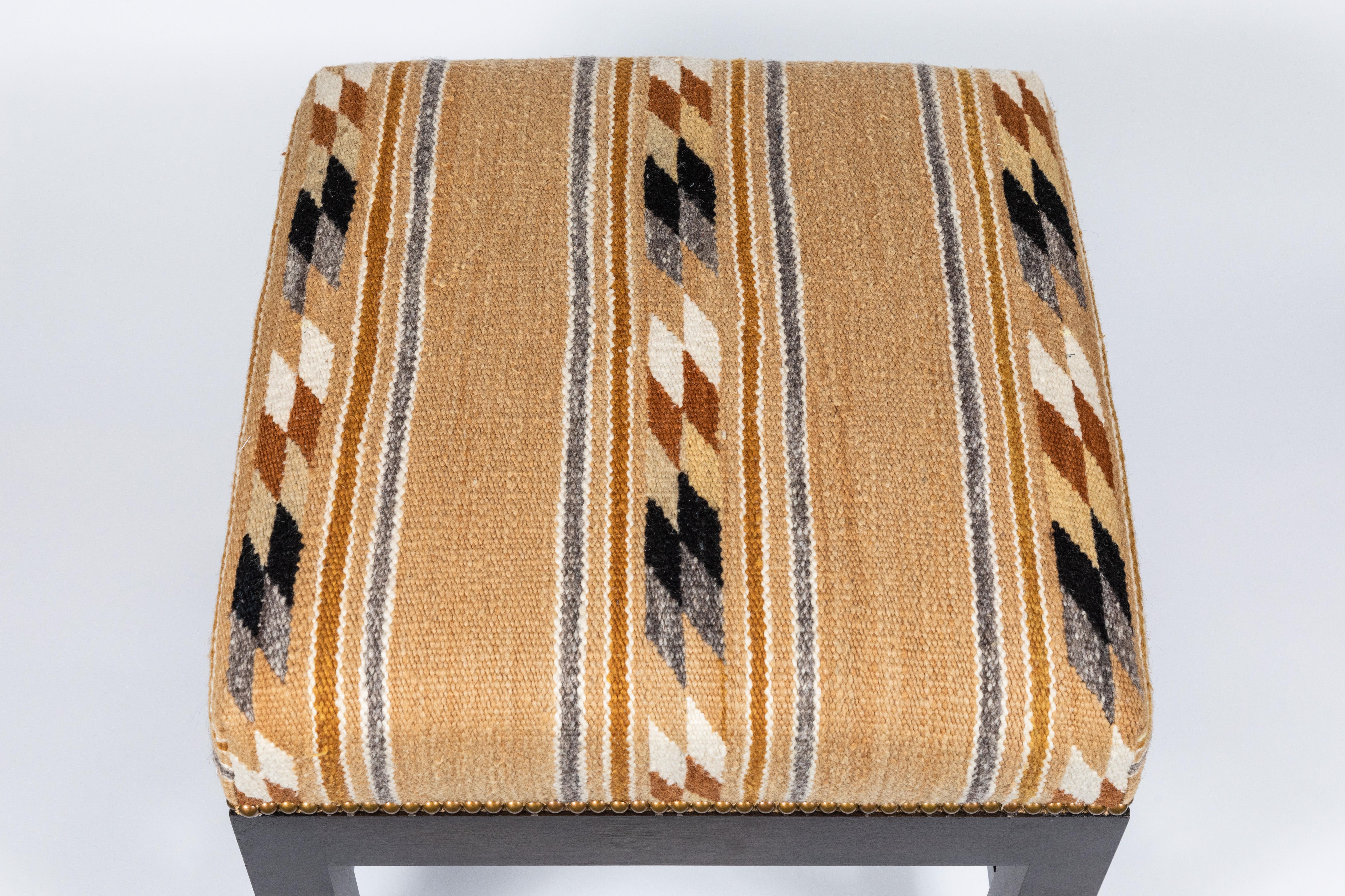 Square Ottoman with Walnut Finish Upholstered in a Vintage Native American Rug In Excellent Condition In Pasadena, CA