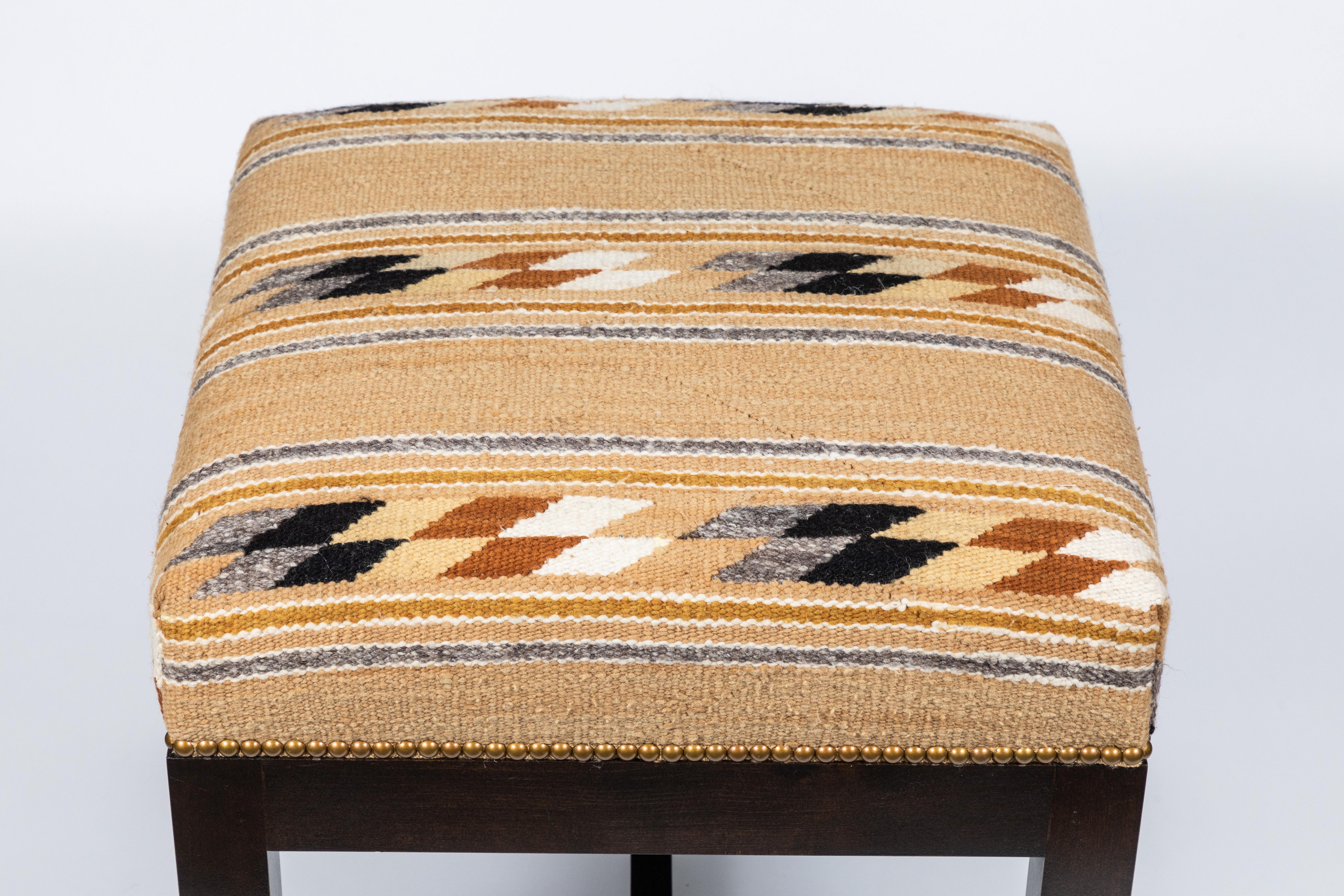 Contemporary Square Ottoman with Walnut Finish Upholstered in a Vintage Native American Rug