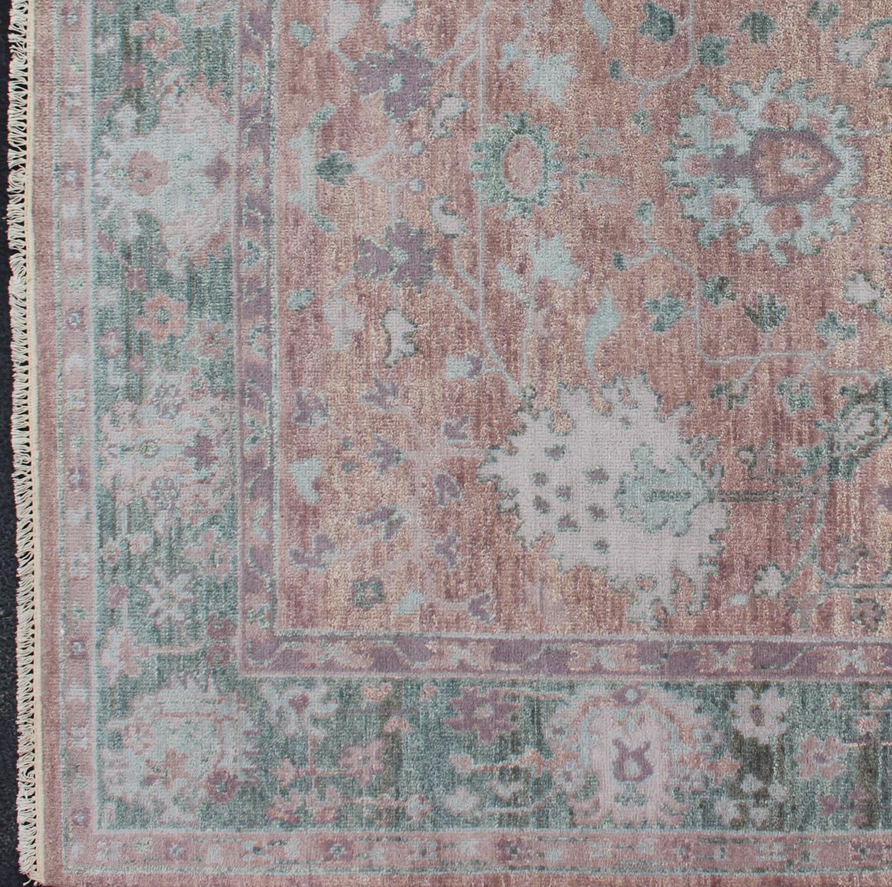Indian Square Oushak Design Rug in Light Green, pink and Coral with All-Over Design