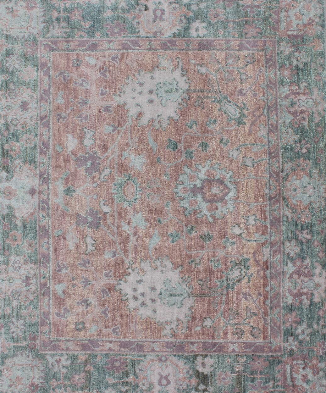 Hand-Knotted Square Oushak Design Rug in Light Green, pink and Coral with All-Over Design