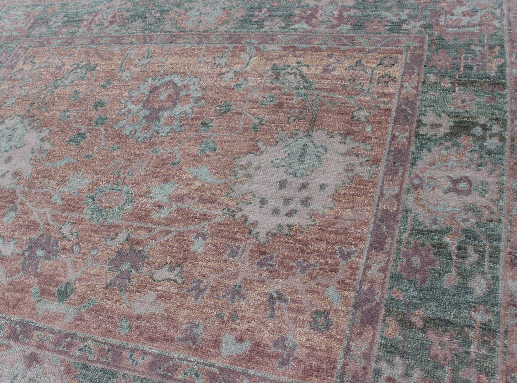 Square Oushak Design Rug in Light Green, pink and Coral with All-Over Design In Excellent Condition In Atlanta, GA