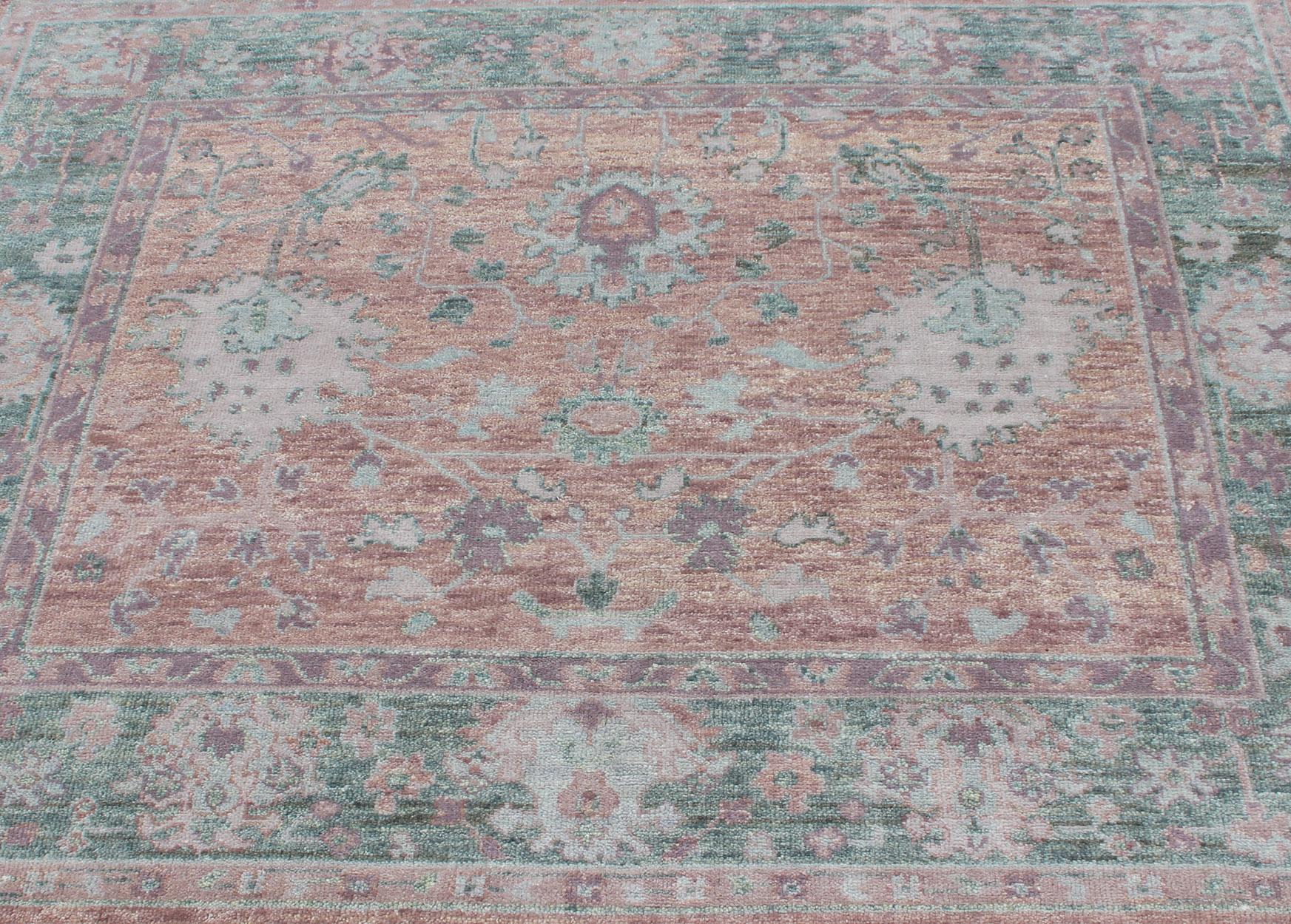 Contemporary Square Oushak Design Rug in Light Green, pink and Coral with All-Over Design