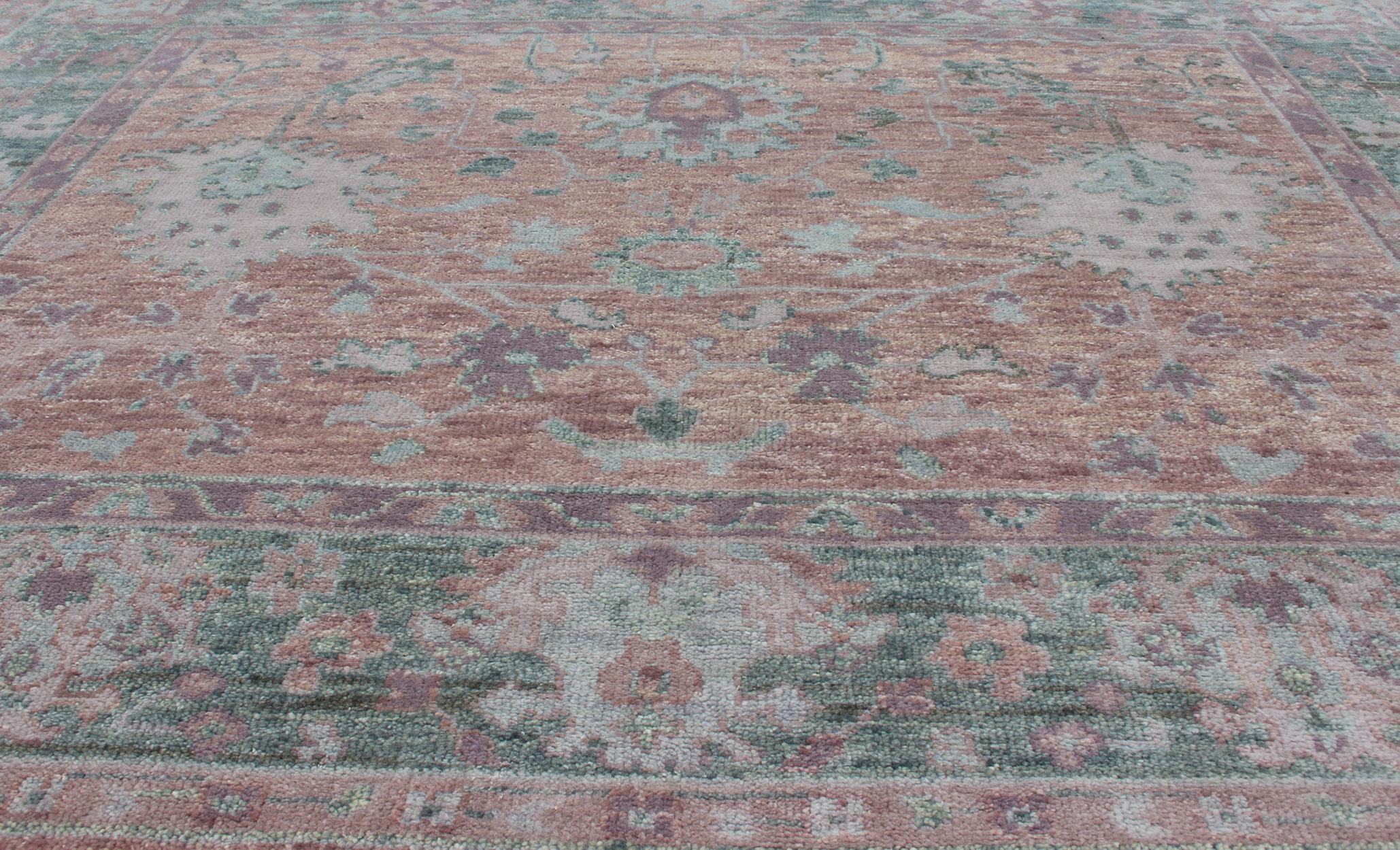 Wool Square Oushak Design Rug in Light Green, pink and Coral with All-Over Design