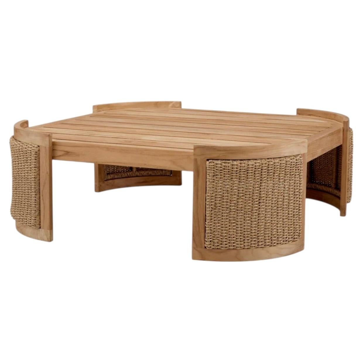 Square Outdoor Coffee Table in Natural Teak and Faux Rattan Contemporary Design
