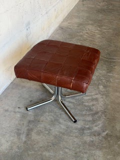 Square Patchwork Brown Leather Ottoman with Chrome Base Vintage Vinatge 1970s