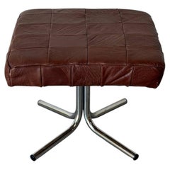 Square Patchwork Brown Leather Ottoman with Chrome Base Vintage Vinatge 1970s