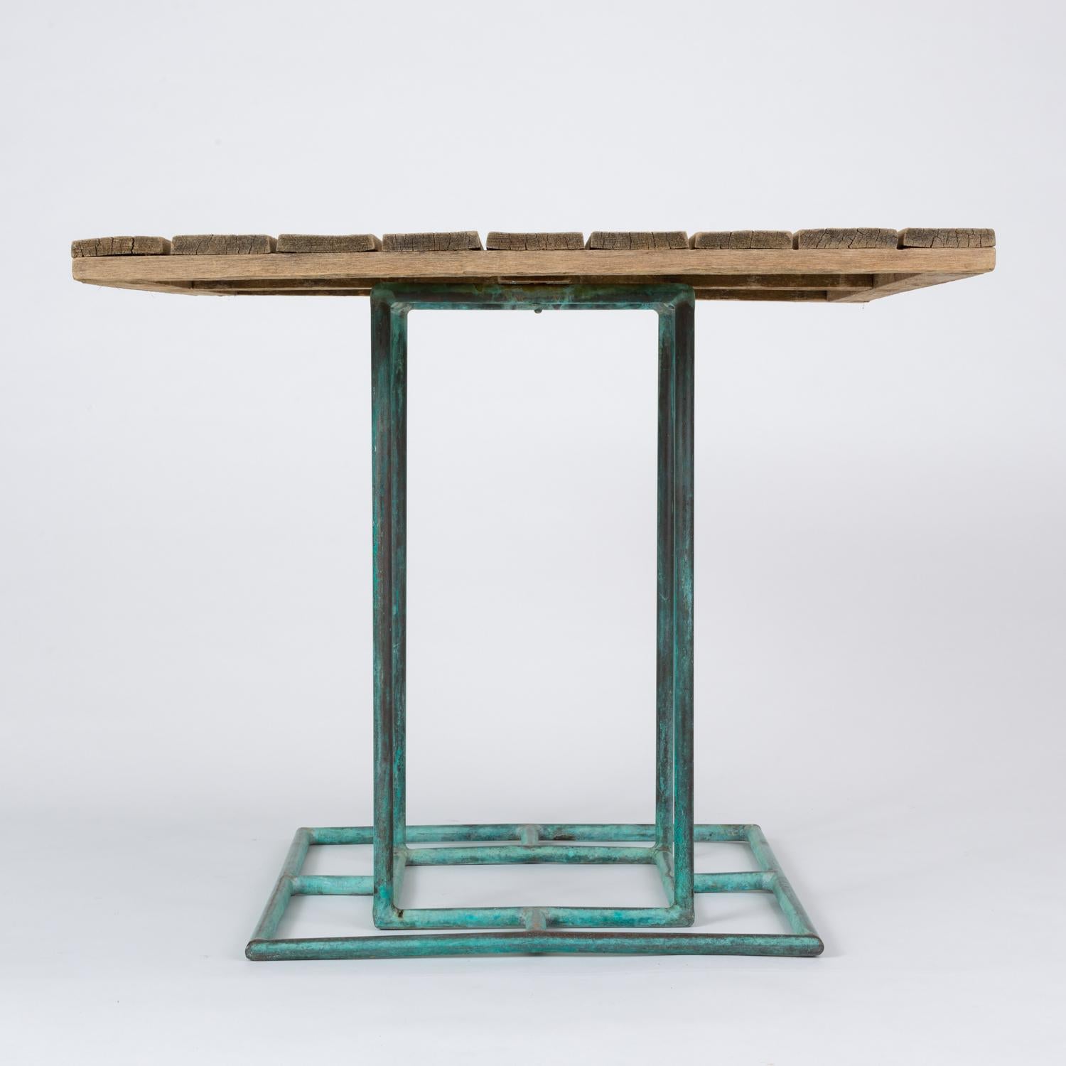 Mid-Century Modern Bronze Patio Dining Table with Square Wooden Top by Walter Lamb for Brown Jordan