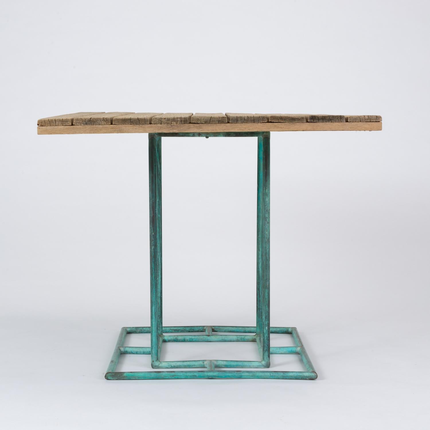 American Bronze Patio Dining Table with Square Wooden Top by Walter Lamb for Brown Jordan