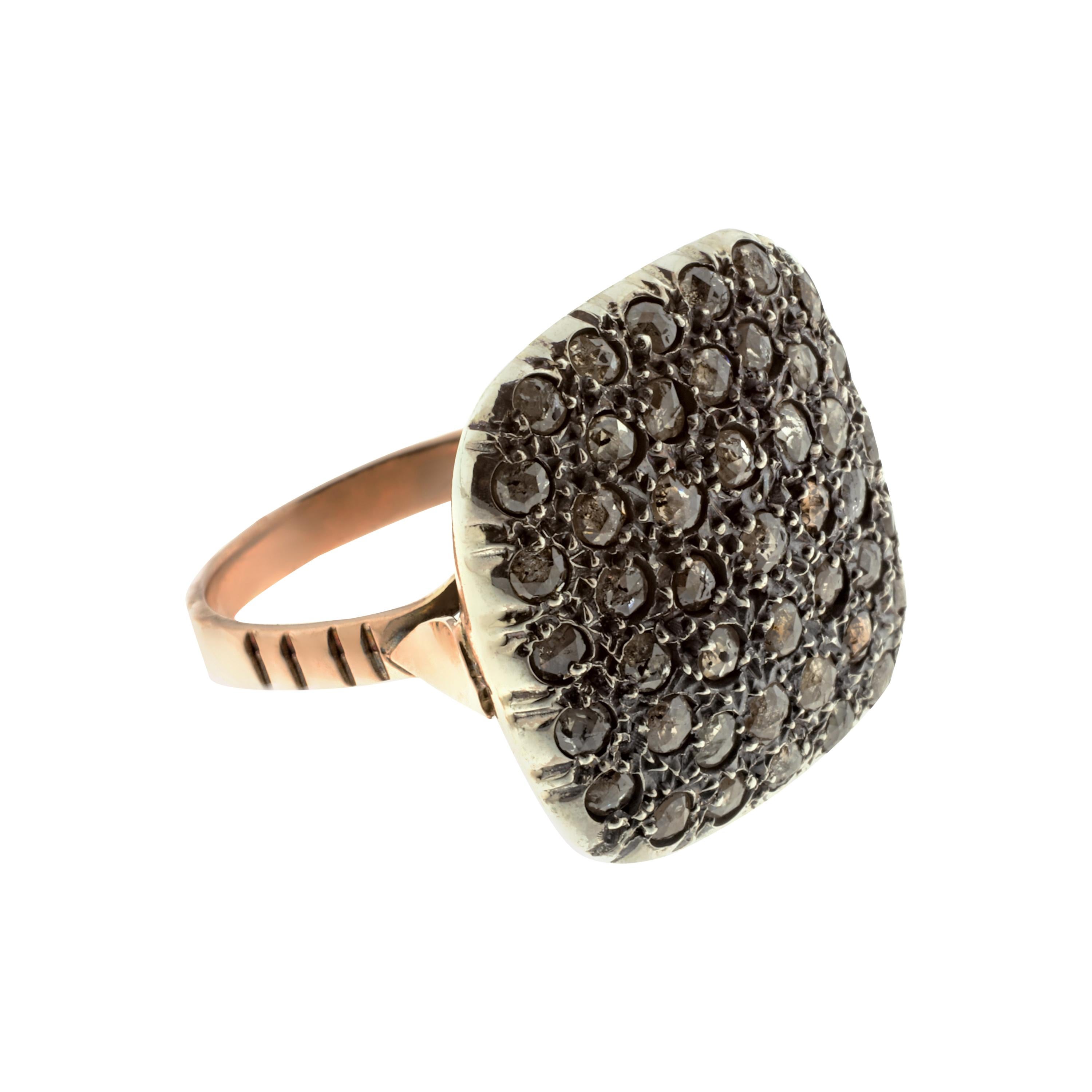 21st Century 9 Karat Rose Gold and Diamond Square Cesellato Cocktail Ring For Sale