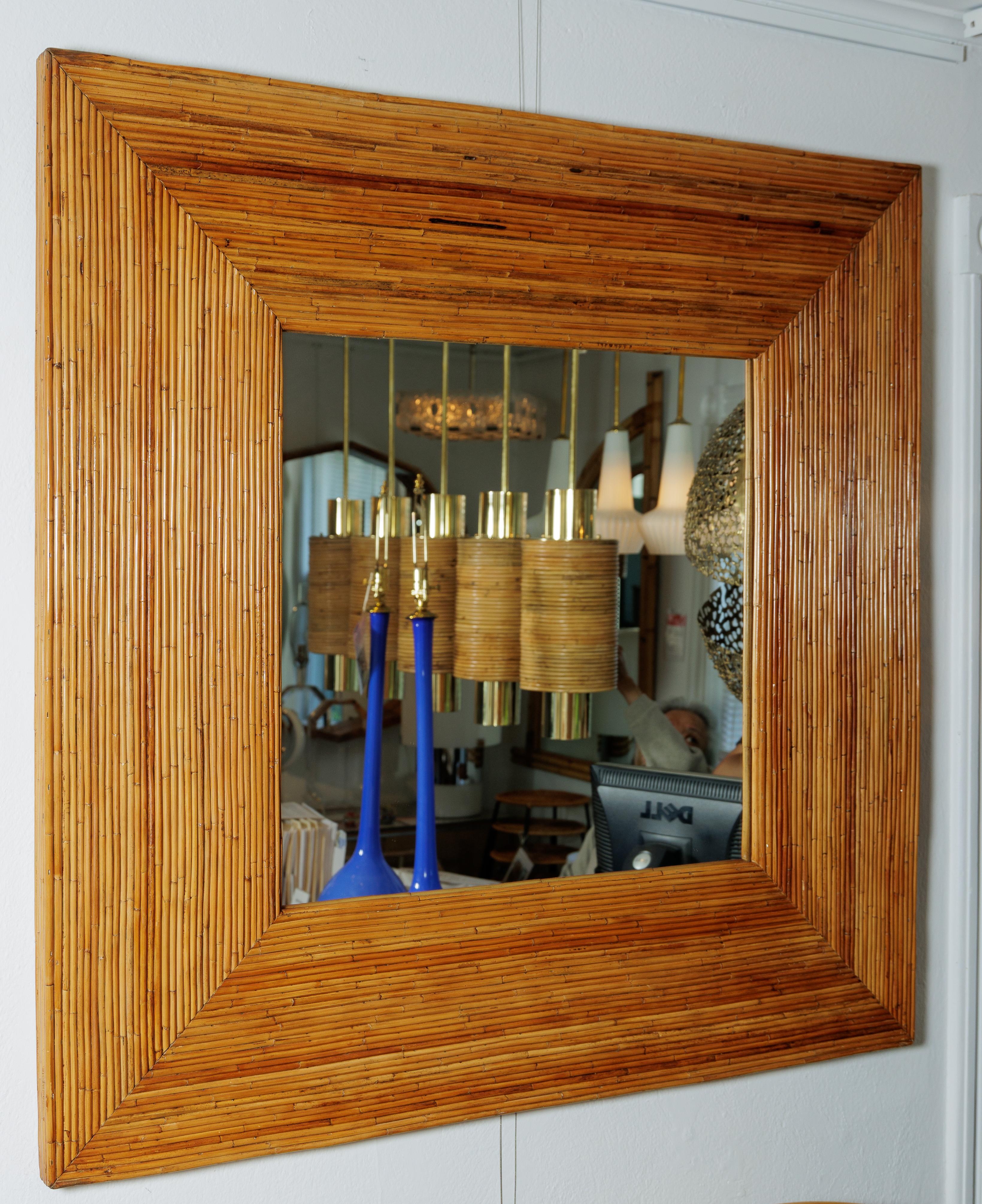 Mid-Century Modern Square Pencil Reed Bamboo Surround Mirror For Sale