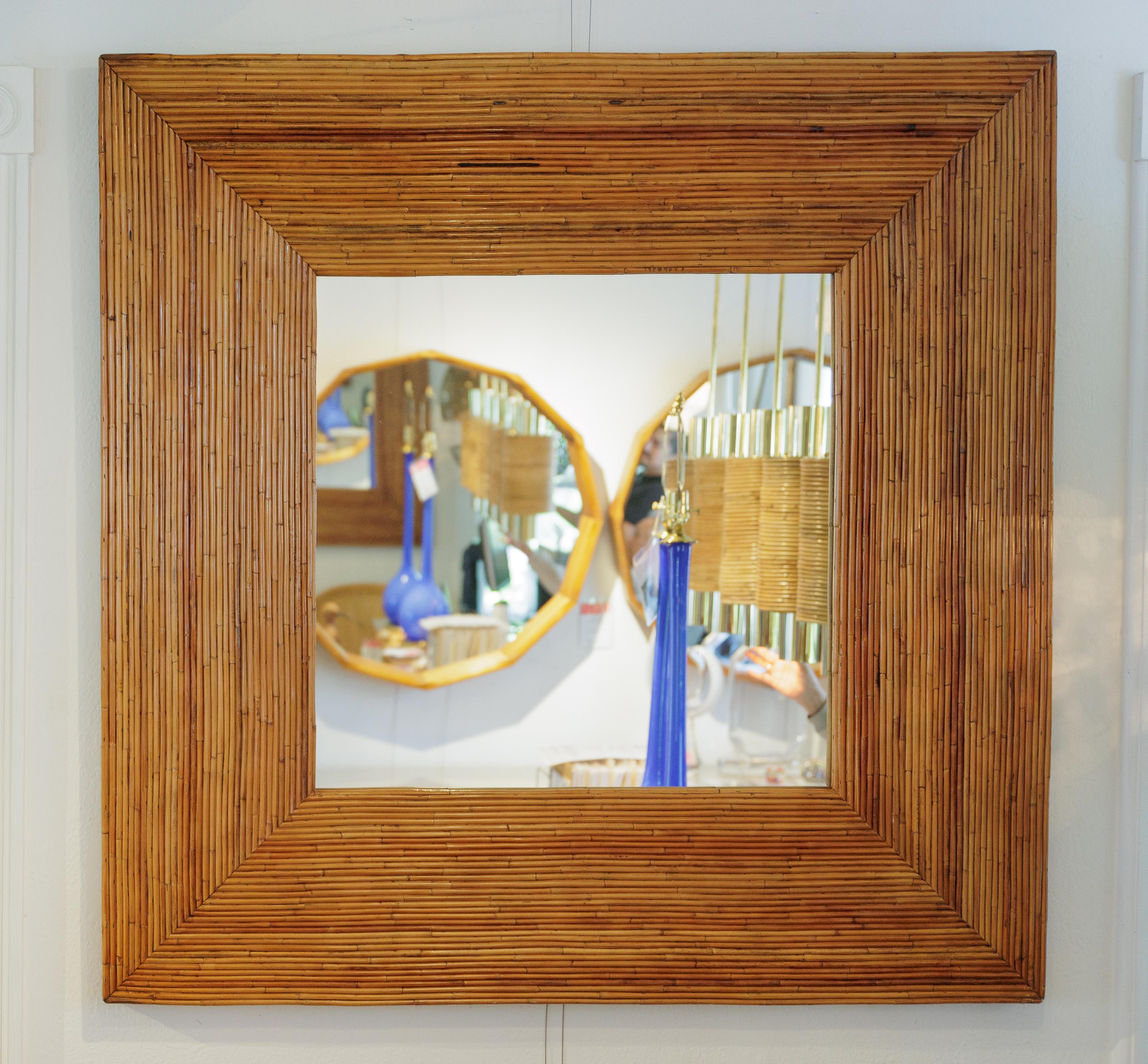 Square Pencil Reed Bamboo Surround Mirror In Good Condition For Sale In Bridgehampton, NY