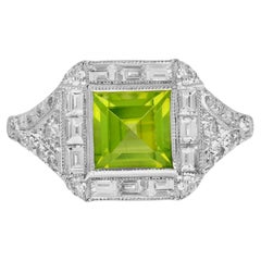 Square Peridot and Diamond Art Deco Style Halo Ring in 18K White Gold