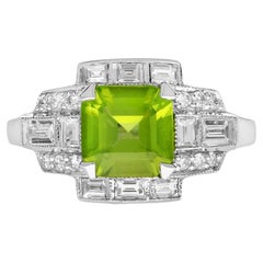 Square Peridot and Diamond Art Deco Style Halo Ring in 18K White Gold