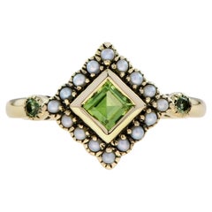 Square Peridot and Pearl Vintage Style Halo Ring in 9k Yellow Gold