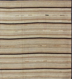 Square Persian Flat-Weave Striped Kilim in Taupe, Brown, and Tan