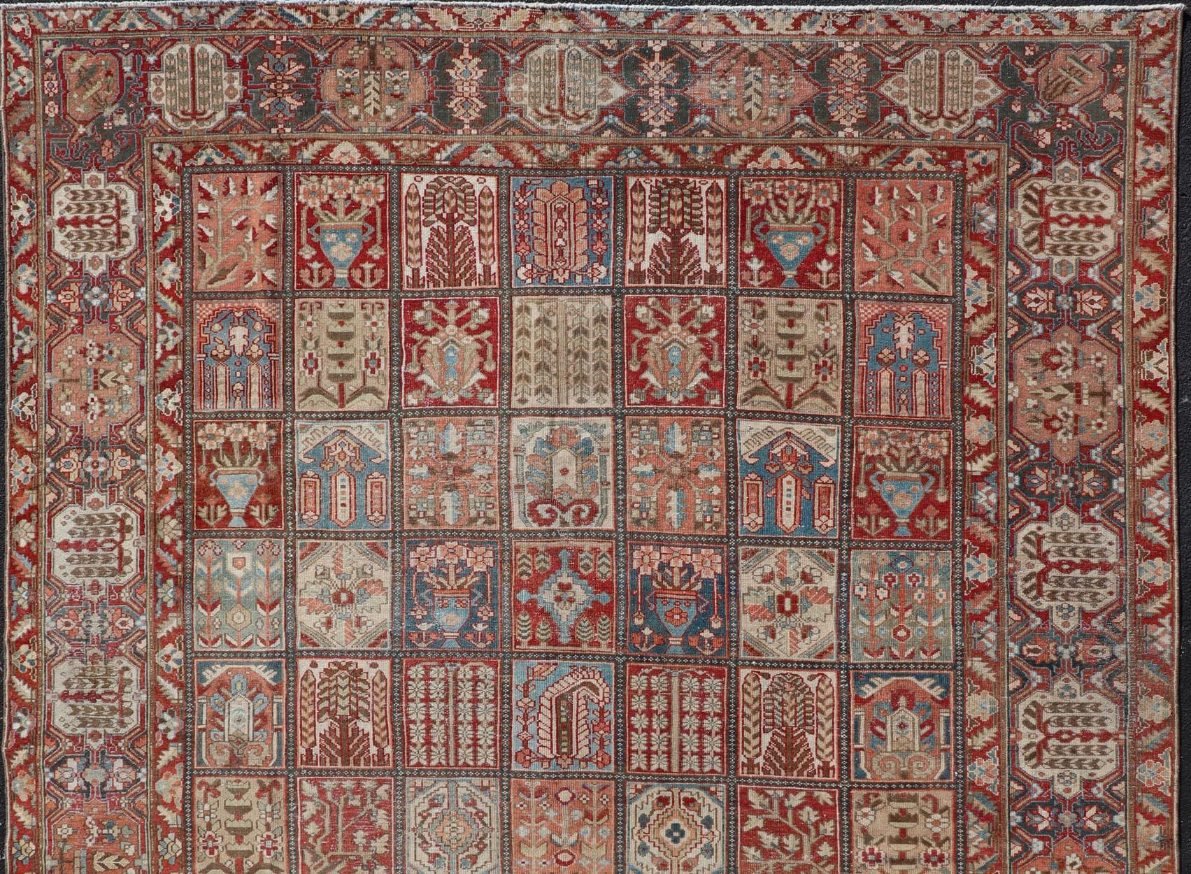 Tribal Square Persian Large Bakhtiari Rug with All-Over Garden Design in Muted Colors For Sale