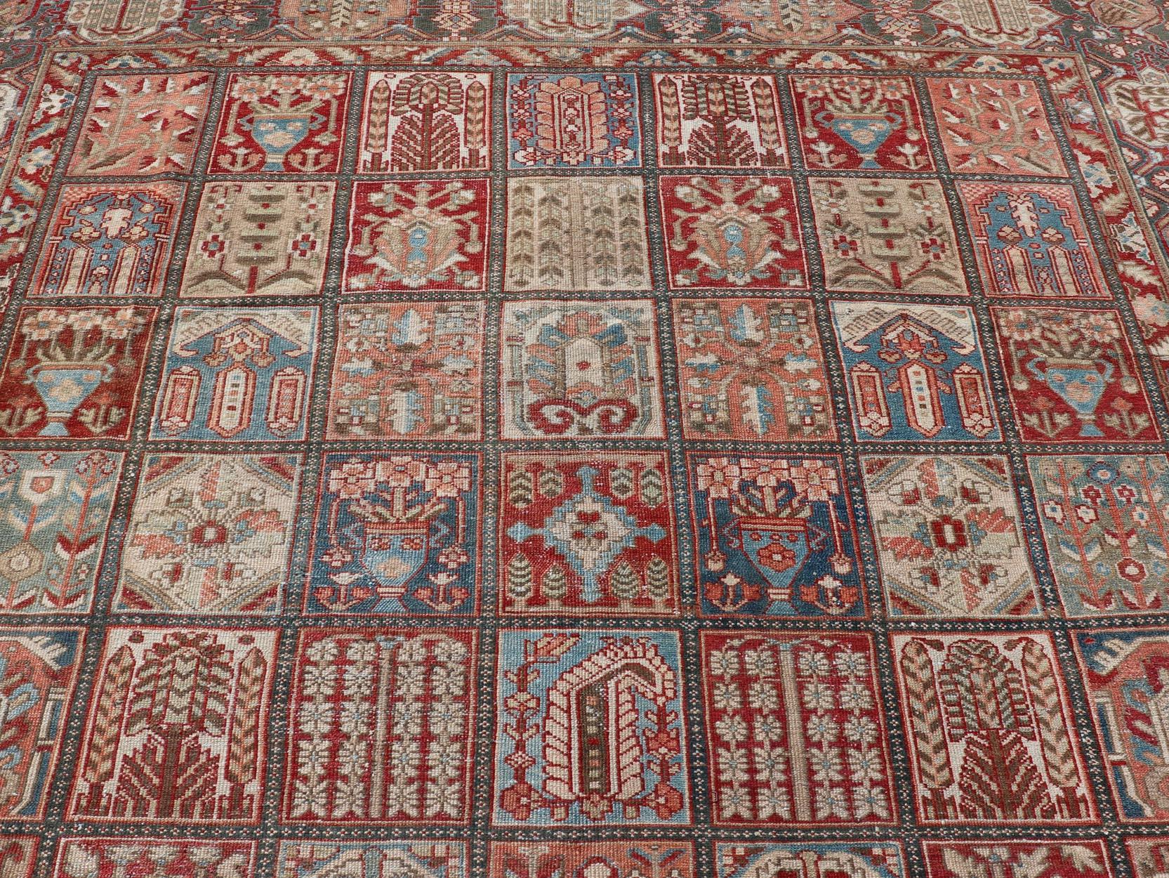 Square Persian Large Bakhtiari Rug with All-Over Garden Design in Muted Colors In Good Condition For Sale In Atlanta, GA