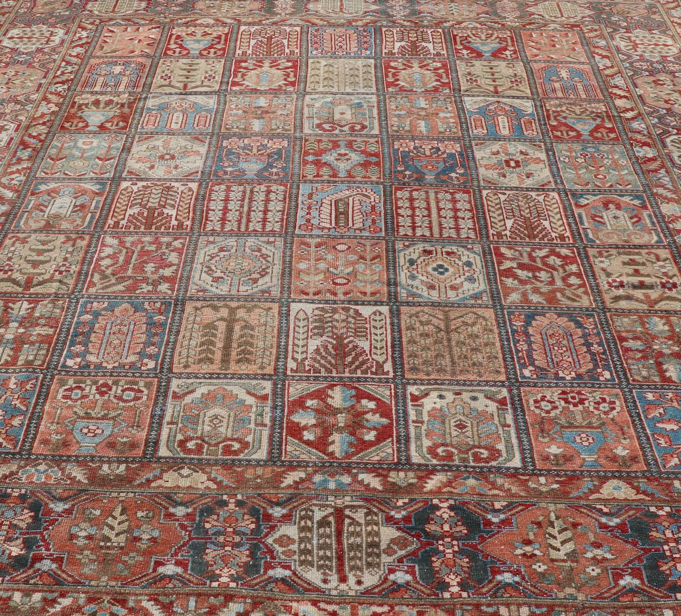 20th Century Square Persian Large Bakhtiari Rug with All-Over Garden Design in Muted Colors For Sale