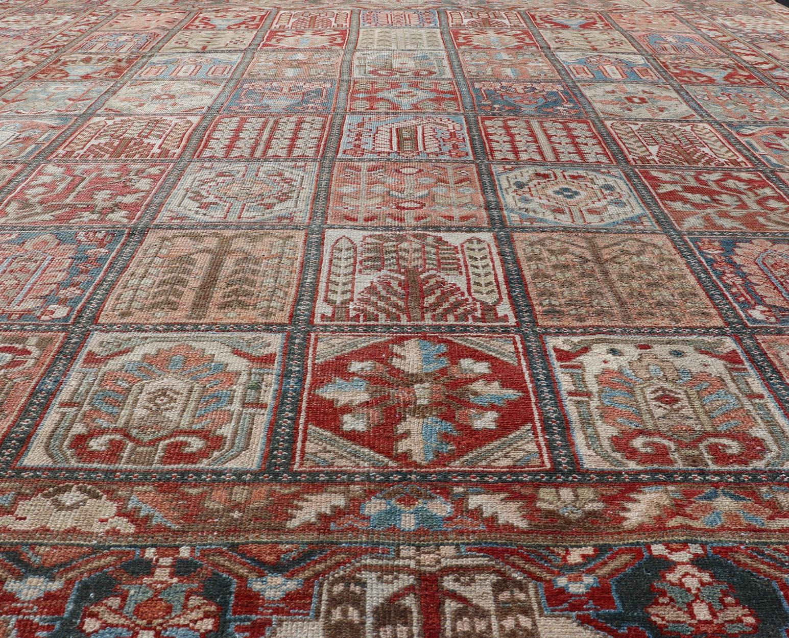 Wool Square Persian Large Bakhtiari Rug with All-Over Garden Design in Muted Colors For Sale