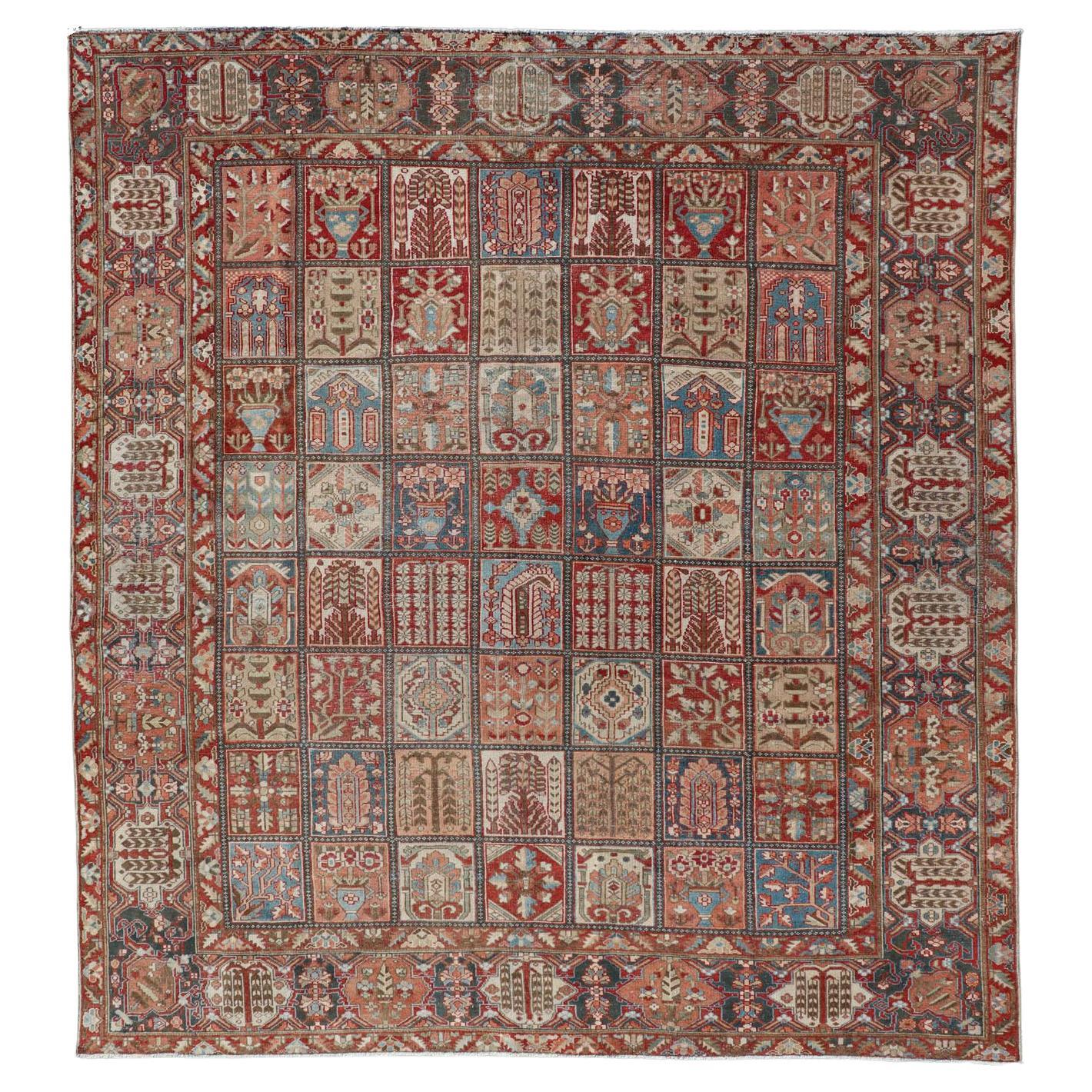 Square Persian Large Bakhtiari Rug with All-Over Garden Design in Muted Colors For Sale