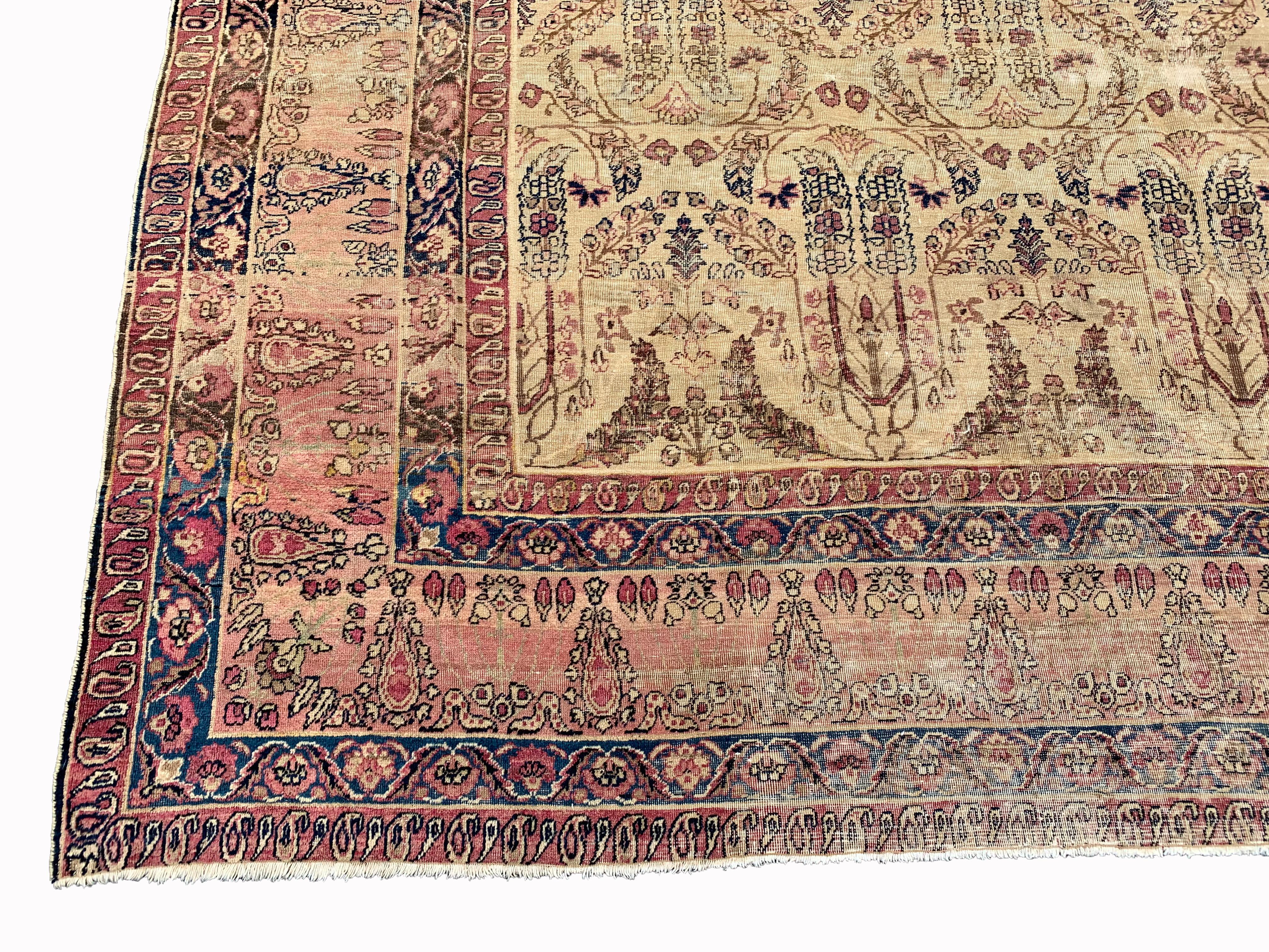 Hand-Knotted Square Persian Lavar Kerman, circa 1890 For Sale