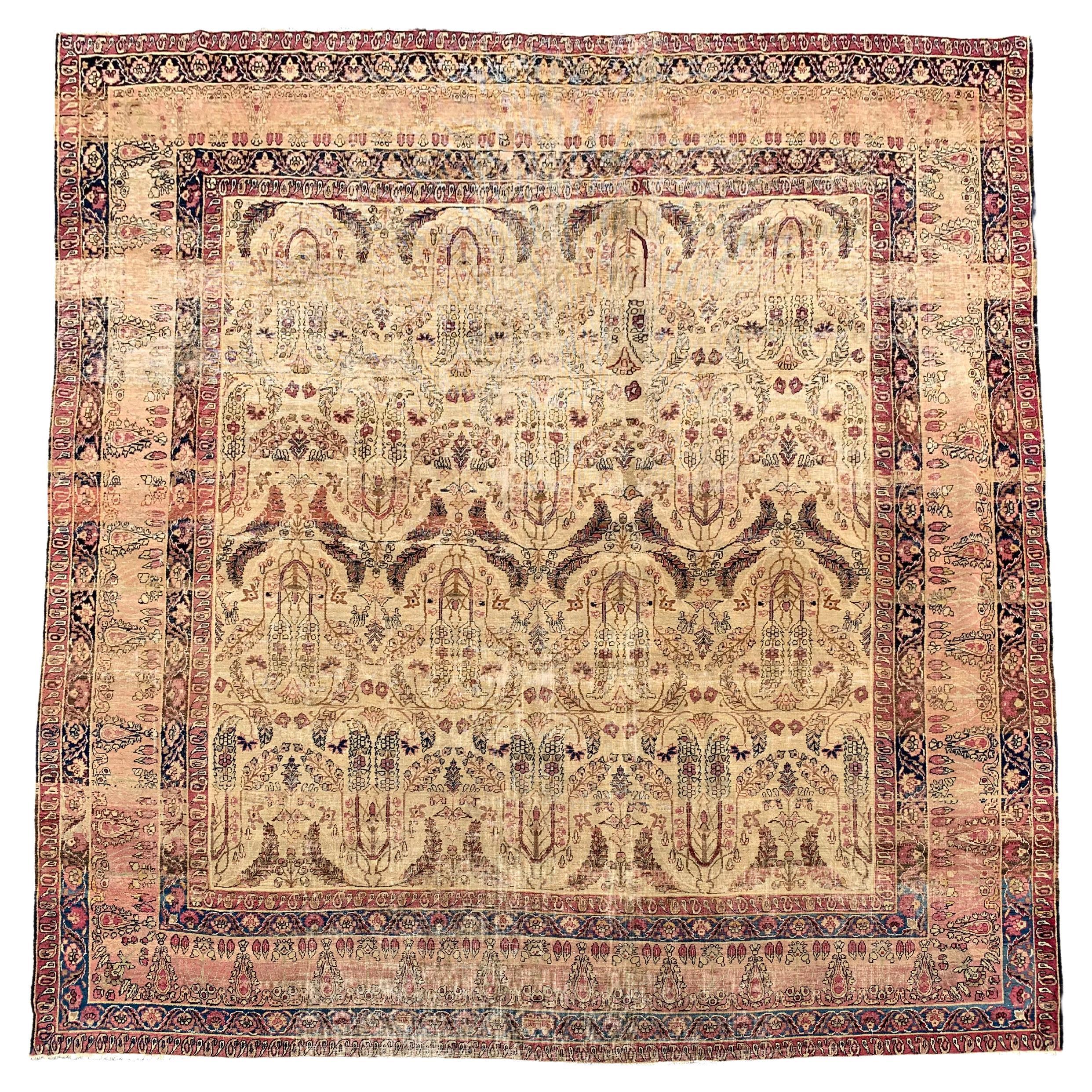 Square Persian Lavar Kerman, circa 1890 For Sale