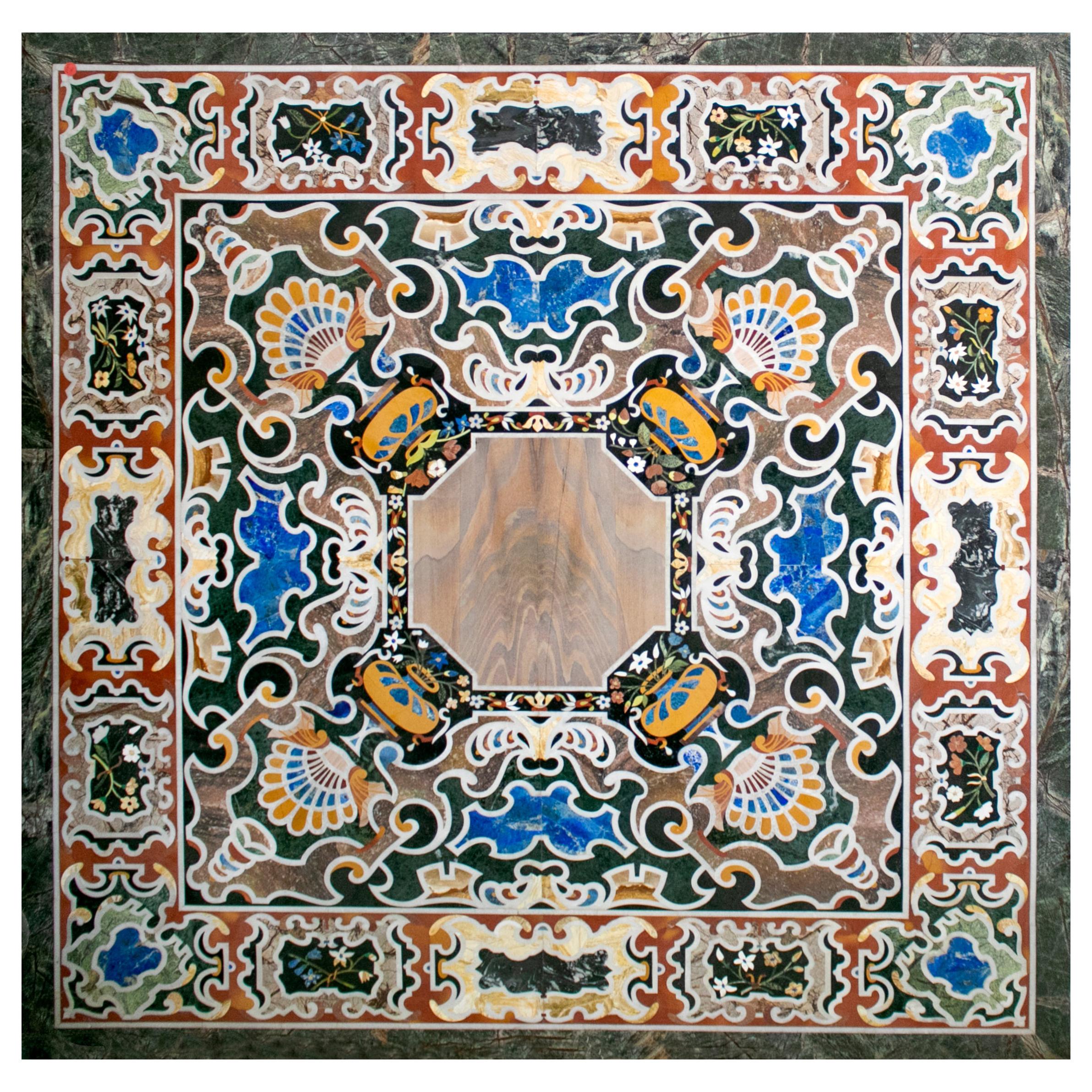 Quadratische Pietre Dure-Tischplatte aus klassischem Marmor und Lapislazuli-Mosaik