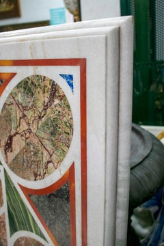 Square Pietre Dure White Marble and Lapis Geometric Mosaic Table Top