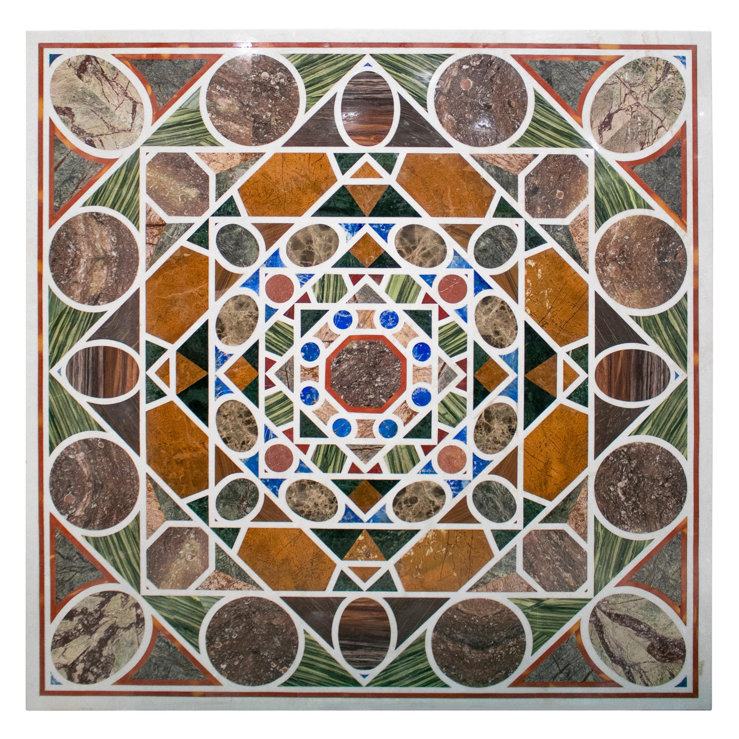 Square Pietre Dure White Marble and Lapis Geometric Mosaic Table Top