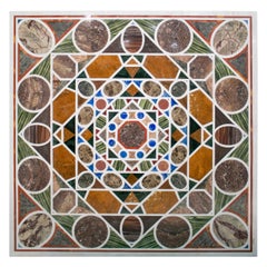 Retro Square Pietre Dure White Marble and Lapis Geometric Mosaic Table Top