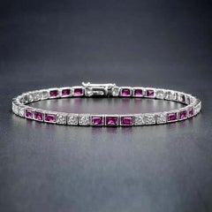 Square Pink Ruby & Diamond Art Deco Style Tennis Line White Gold Bracelet