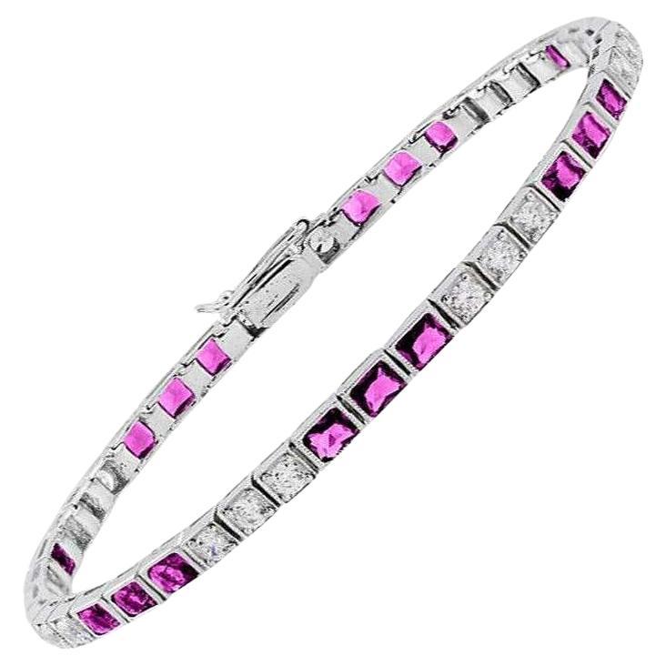 Quadratisches Pink Rubin & Diamant Art Deco Style Tennis Line Weißgold Armband im Angebot