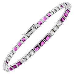 Square Pink Ruby & Diamond Art Deco Style Tennis Line White Gold Bracelet