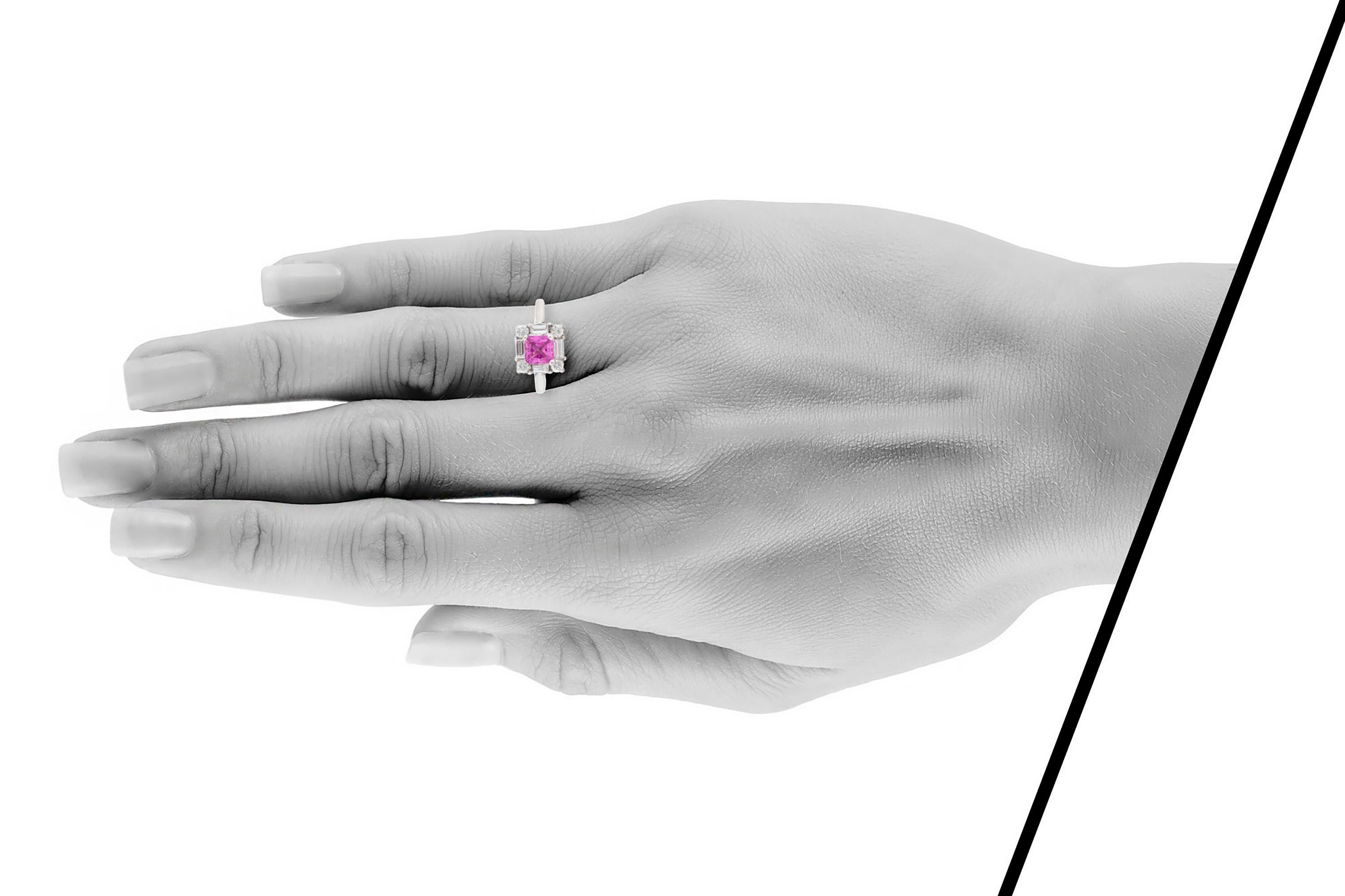 Square Pink Sapphire with Diamonds in 18 Karat White Gold Ring In Excellent Condition For Sale In New York, NY