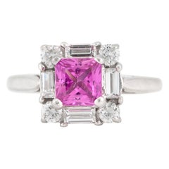 Bague carrée en or blanc 18 carats avec saphir rose et diamants