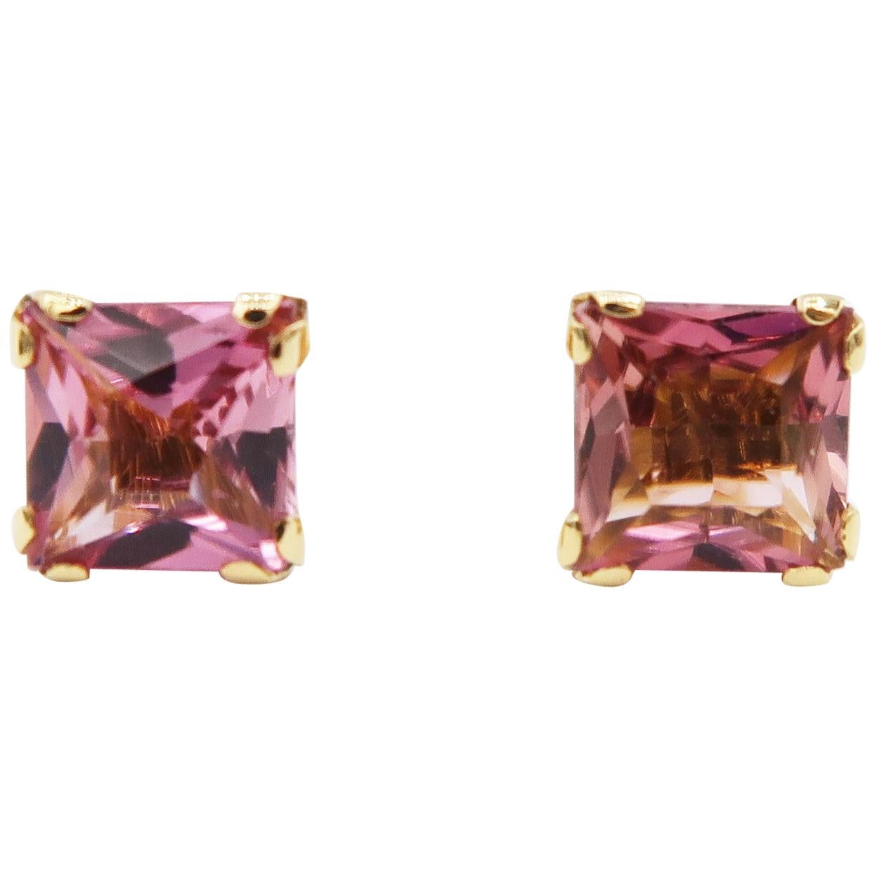 Square Pink Tourmaline Prong Stud Pierced Screw-Back Earrings in 18 Karat Gold For Sale