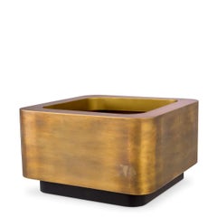 Square Planter, Patinated Brass Finish, Black Base, Iconic Design.