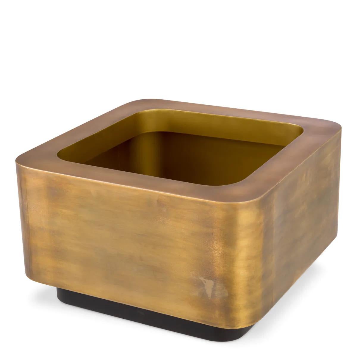 Contemporary Square Planter, Patinated Brass Finish, Black Base, Iconic Design. For Sale