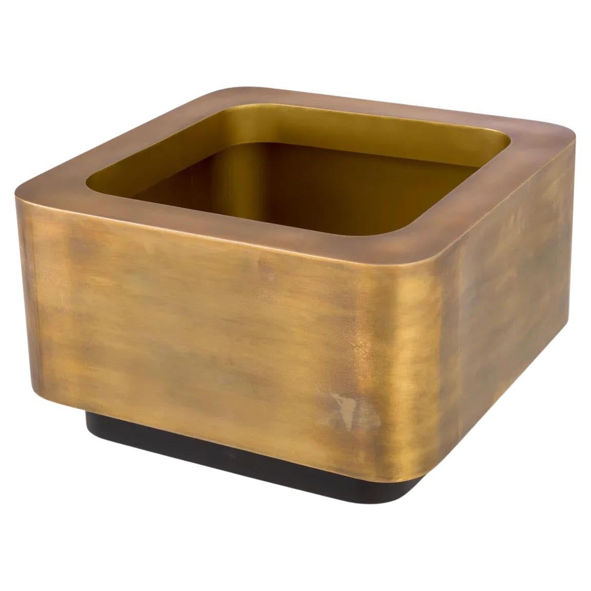 Square Planter, Patinated Brass Finish, Black Base, Iconic Design.