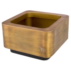 Square Planter, Patinated Brass Finish, Black Base, Iconic Design.